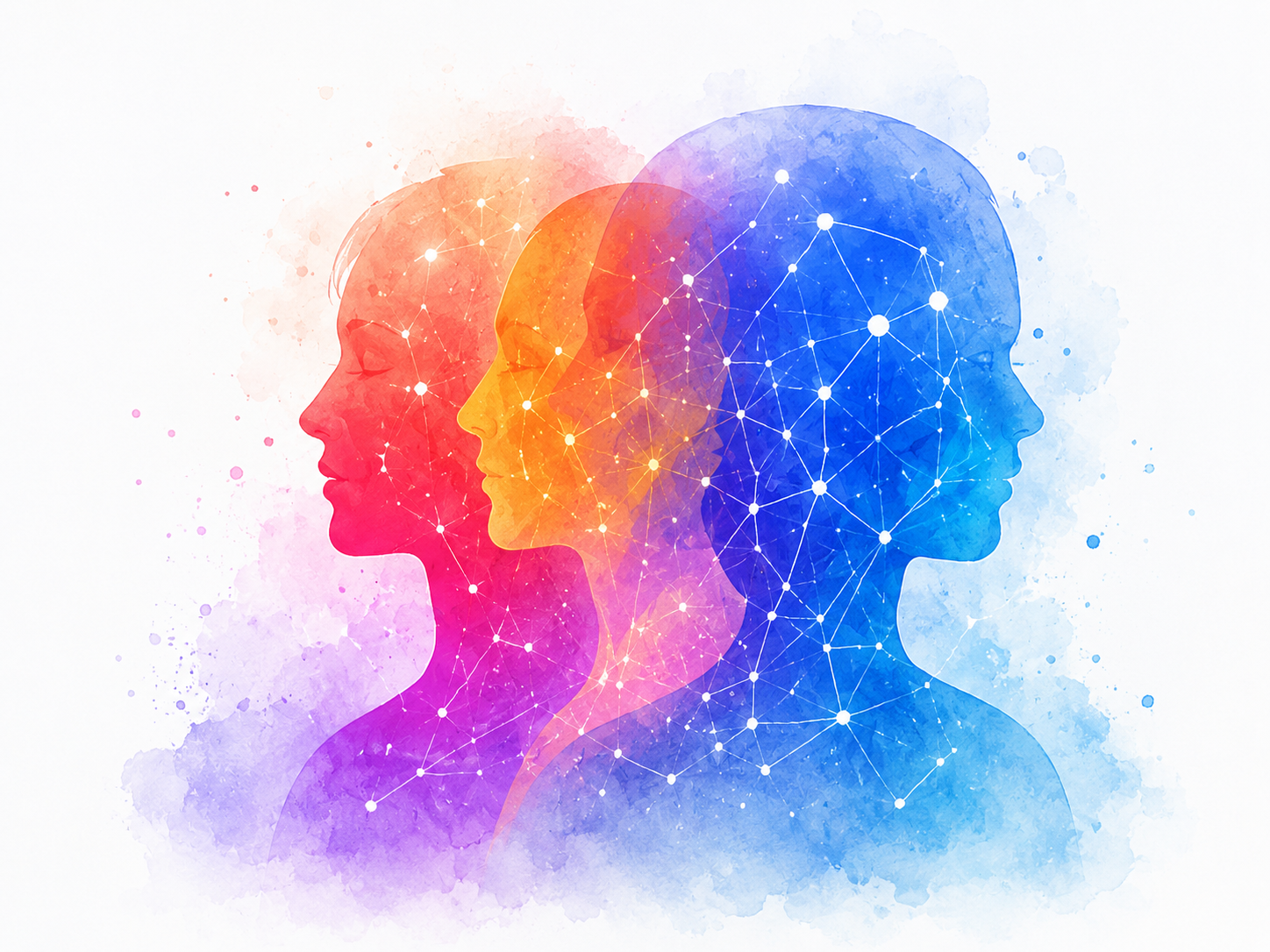 Layered human profiles connected by a soft network of points and lines.